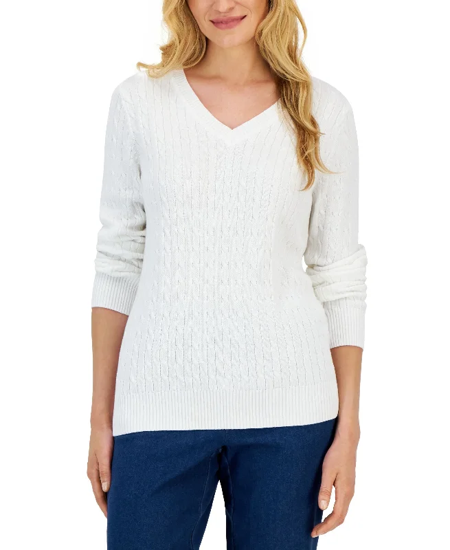Karen Scott Petite Cotton V Neck Cable Sweater Stretchy Elastic Breathable