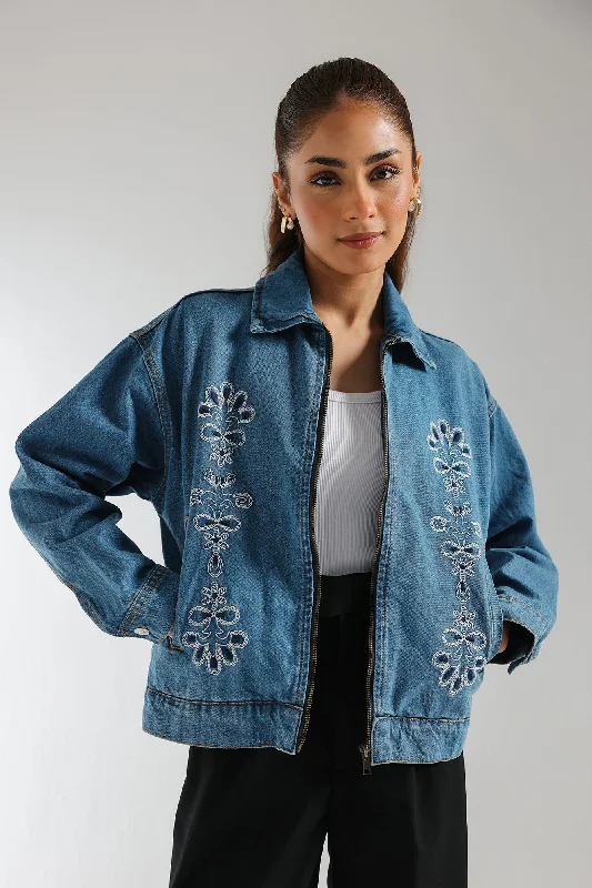 EMBROIDERED DENIM JACKET (E2109/108/818) Insulated Jacket Fitted Jacket Loose Jacket