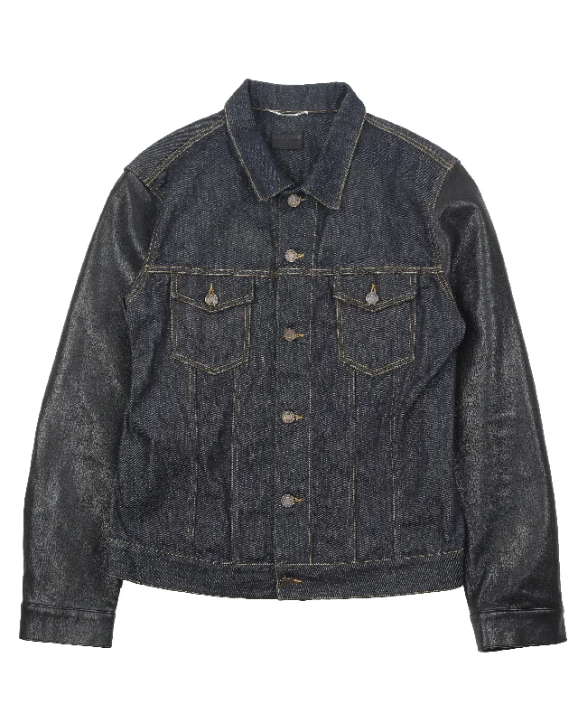 Denim Trucker Jacket w/ Leather Sleeves FW13 Cotton Fabric Linen Fabric Terry Fabric