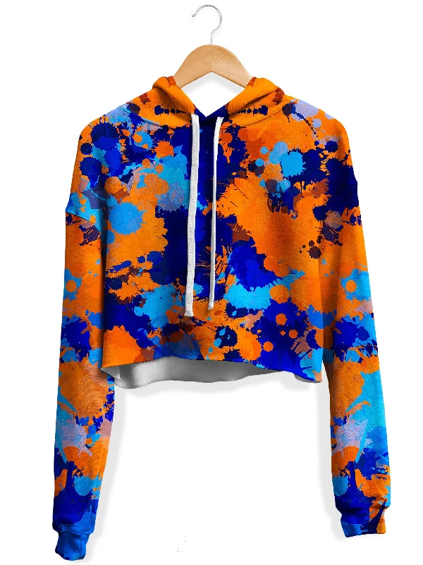 Blue and Orange Paint Splatter 2 Fleece Crop Hoodie Hoodie with Snap Buttons Easy Quick