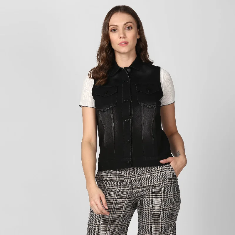 Women's Black Denim Sleeveless Jacket with Washed effect - StyleStone Tailored Jacket Straight Jacket A-Line Jacket