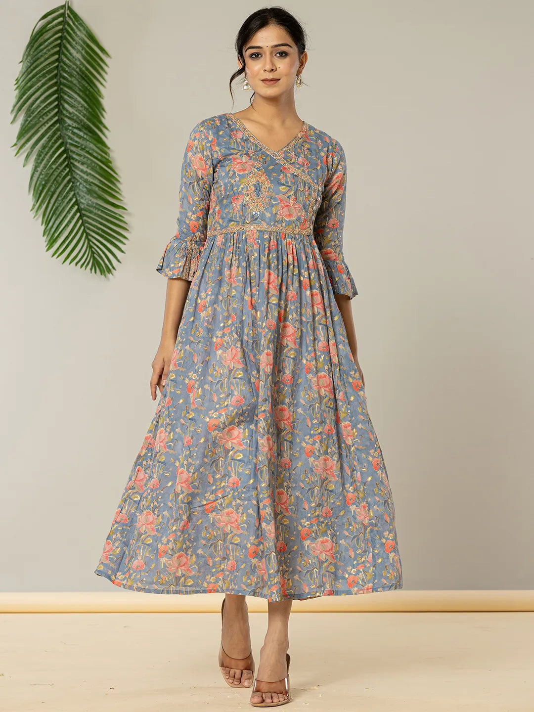 Yufta Blue Pure Cotton Beads And Stones Gathers Angrakha Dress