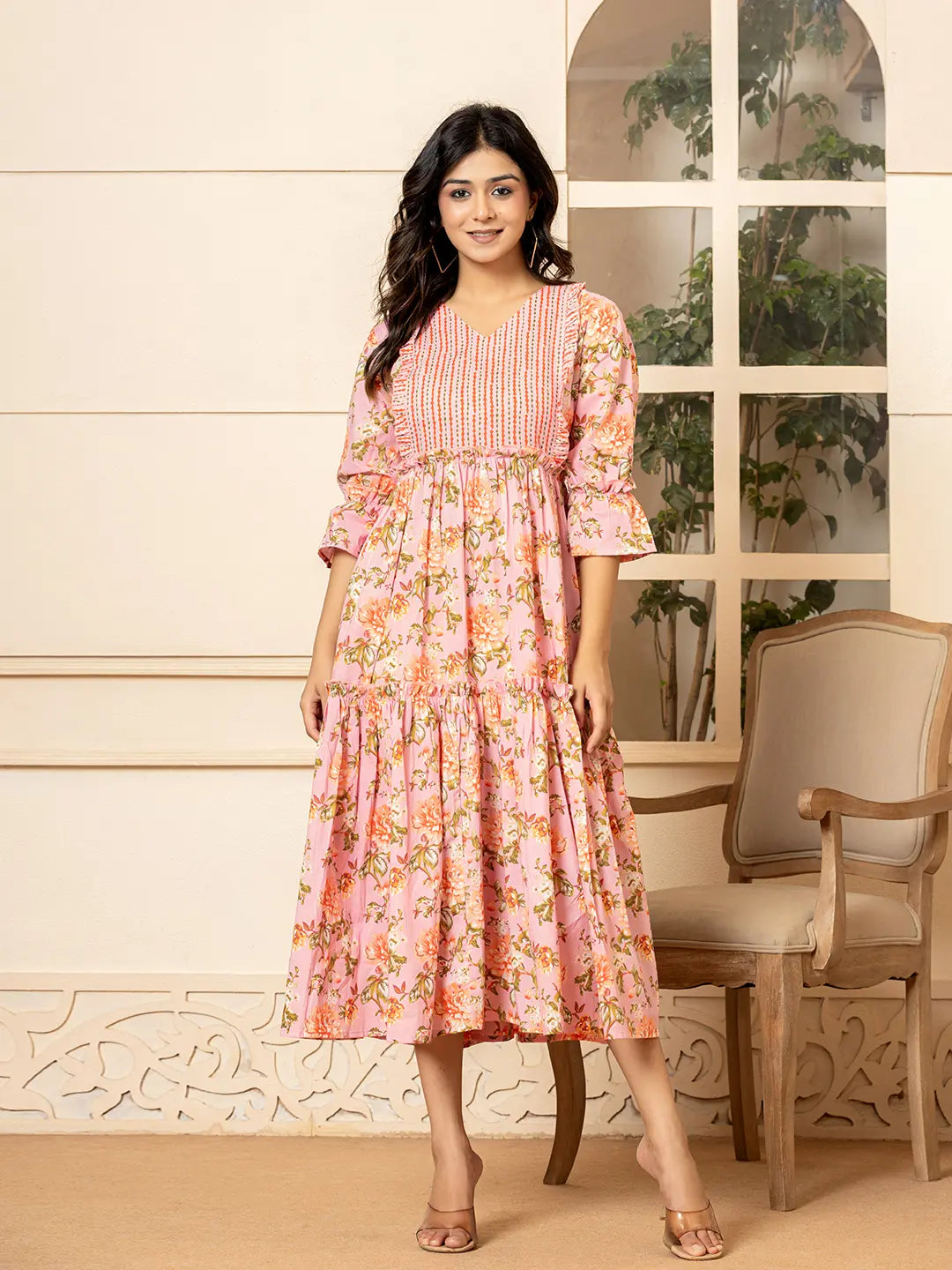 Yufta Pink Cotton Floral Print Tiered Dress With Ruffles