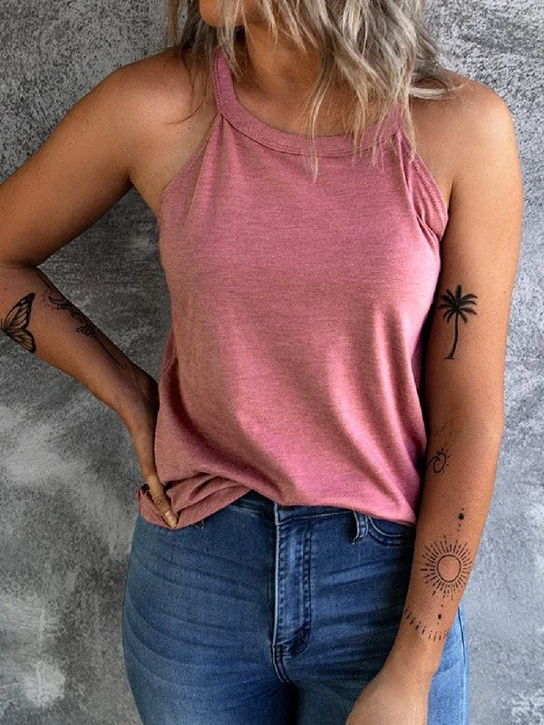 Pink Sleeveless Crew Neck Tank Top sequin tank top