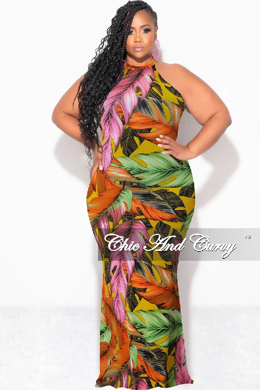 Final Sale Plus Size Halter Neck Sleeveless Mermaid Dress in Yellow / Orange