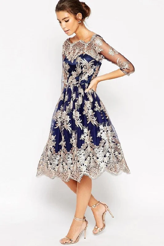 3/4 Long Sleeves Navy Blue Short Lace Prom Dresses Homecoming Dress