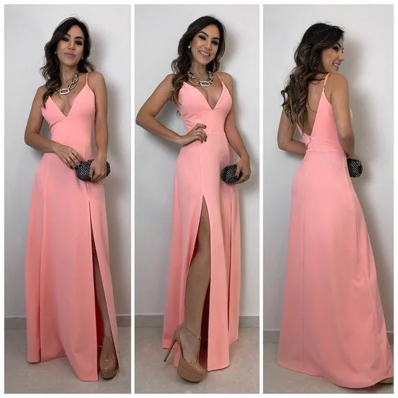 A-lien v neck pink long prom dress , open back prom dress with split  cg3243