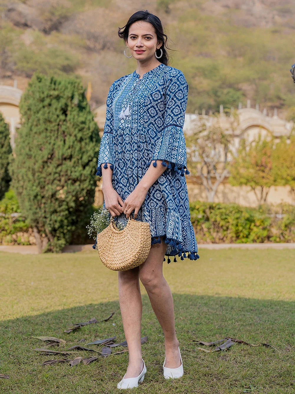 Yufta Blue Pure Cotton Ethnic Motifs Less Border Tassels Were Dress