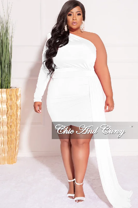 Final Sale Plus Size One Sleeve Long Sash Dress in White