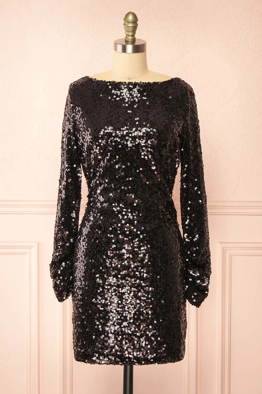 Ceferina | Short Black Sequin Dress w/ Low-Draped Back