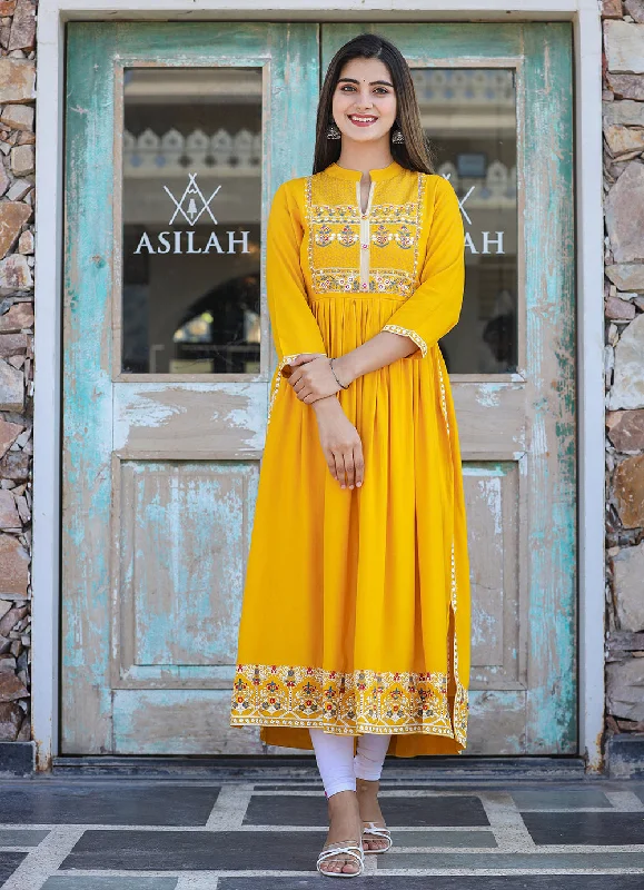 Kaajh Women's Rayon Printed Yellow Side Slit Long Ethnic Dress