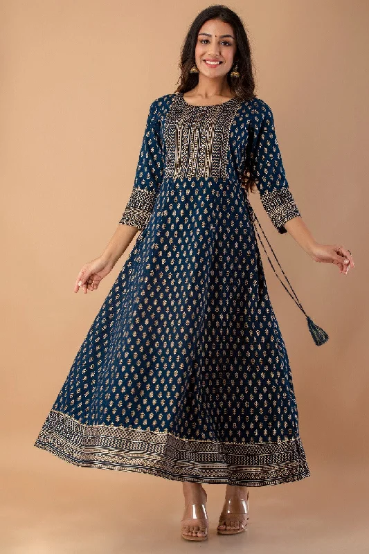 Juniper Navy Rayon Festive Wear Foil Printed A-Line Long Dress