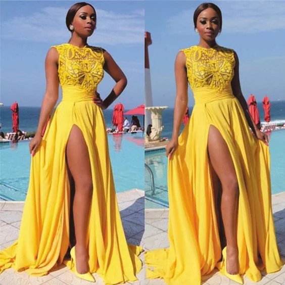 Embroidery Prom Dresses 2019 Sleeveless Yellow Chiffon A Line Prom Gown  cg4074