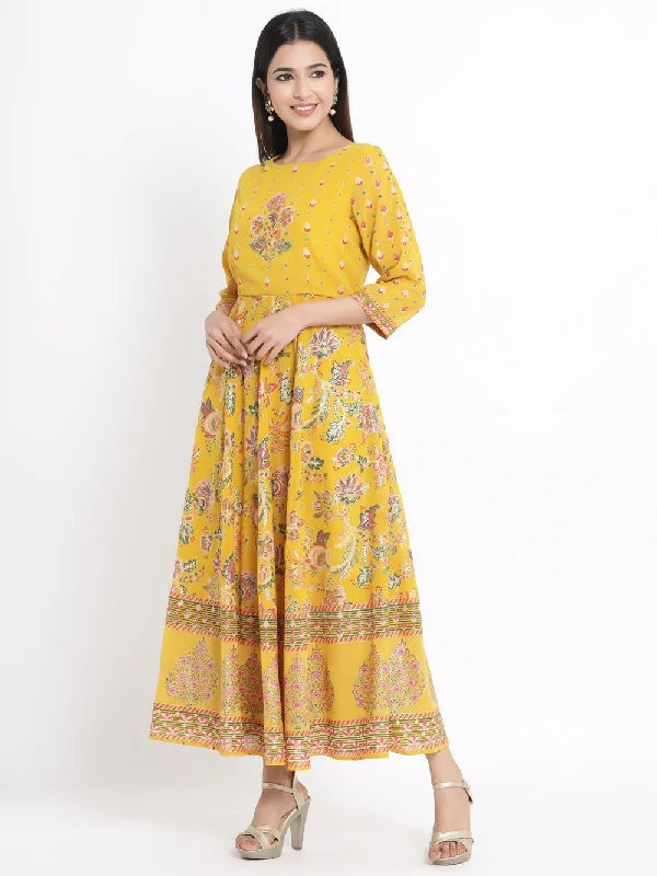 Juniper Women's Mustard Georgette Printed Flared Dress