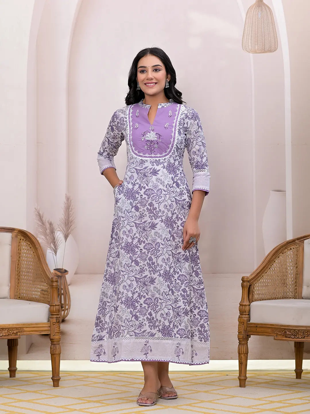 Yufta Purple Resham_Embroidery Cotton A-Liine Dress