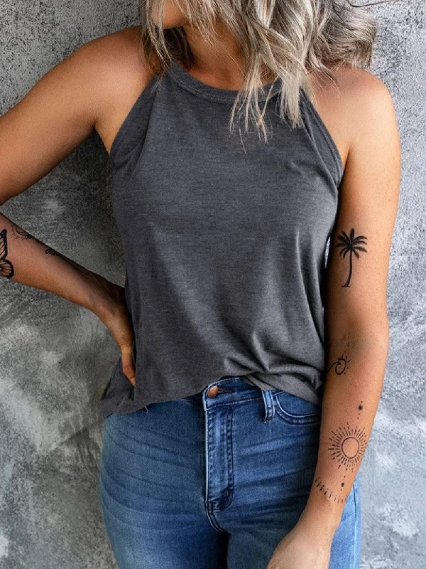 Sleeveless Grey Tank Top with Round Neck and Sheath Silhouette casual tank top