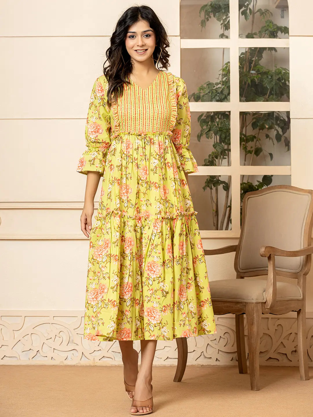 Yufta Green Cotton Floral Print Tiered Dress With Ruffles