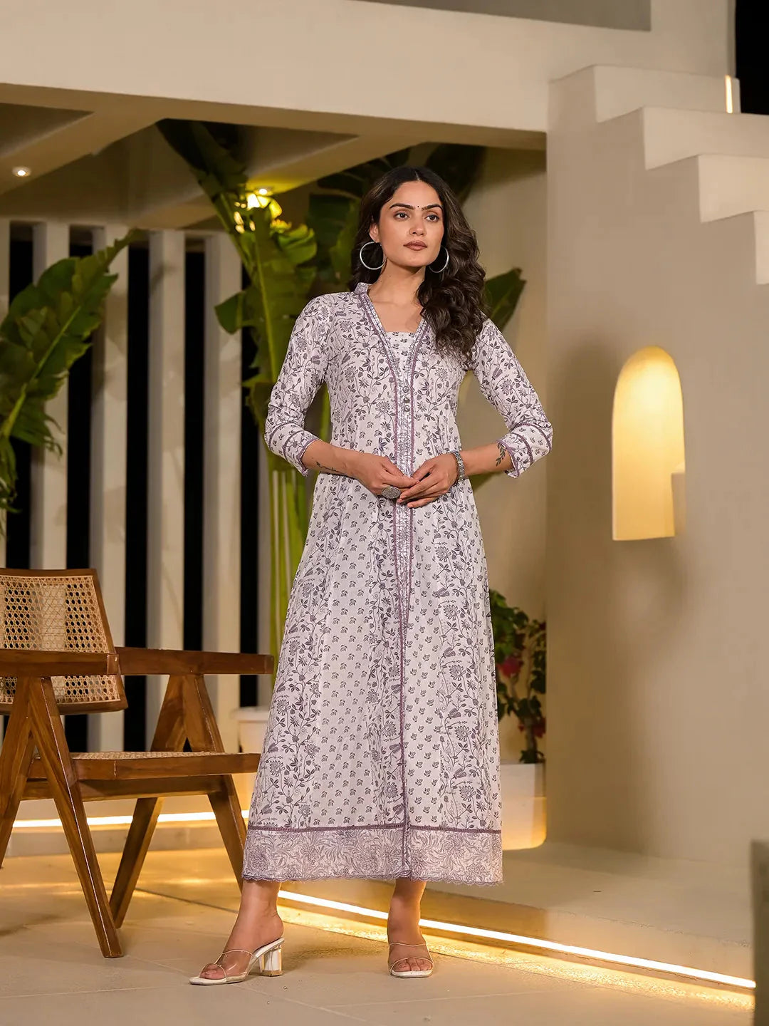 Yufta Purple Floral Print Kantha Work A-Line Dress