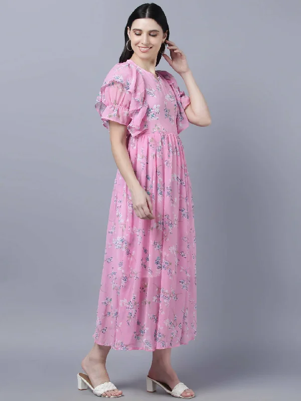 Myshka Women Pink Printed Fit and Flare Dress