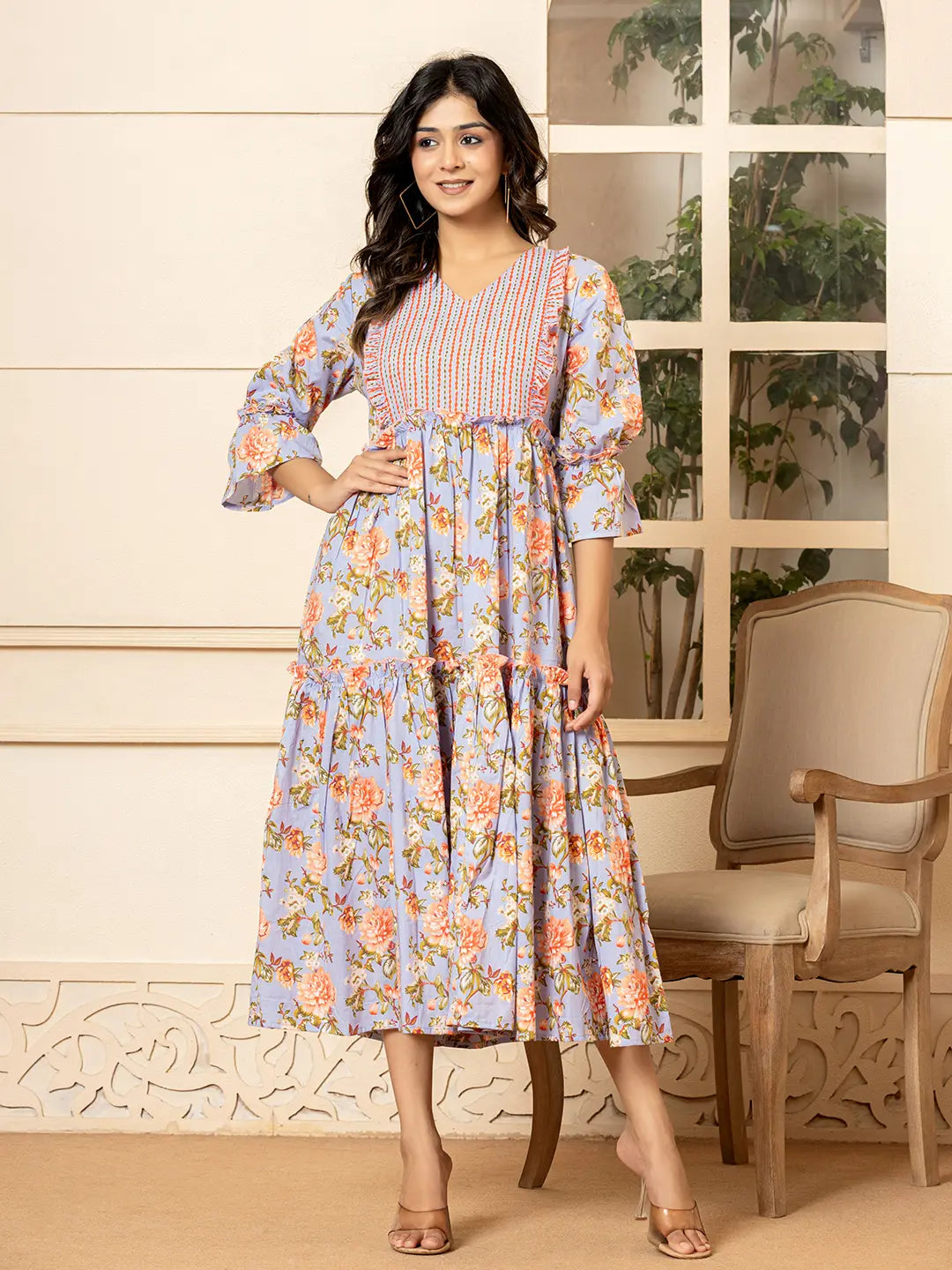 Yufta Violet Cotton Floral Print Tiered Dress With Ruffles