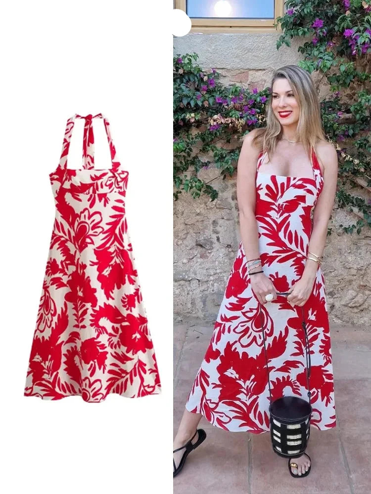Elegant Woman Slim Backless Beach Party Long Dress Women Back Zipper Red Print Splicing Decorate Halter Neck Dress
