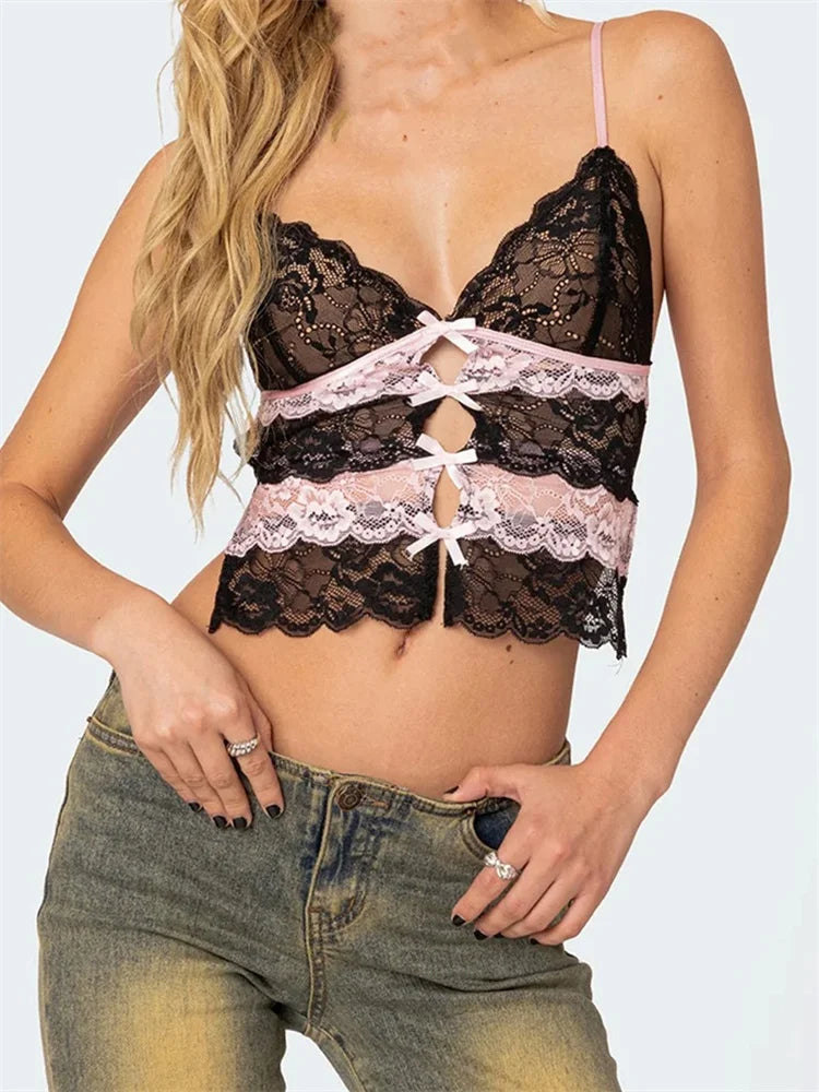 Sexy Women Lace Slim Front Bowknot Patchwork Cutout Spaghetti Strap Mini Vest Exposed Navel Cropped Tanks Crop Top stylish tank top