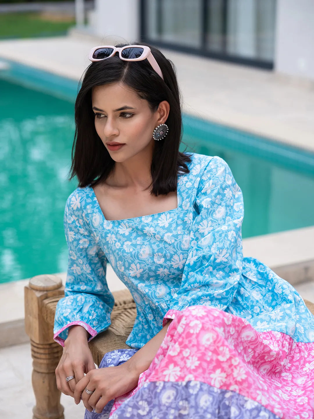Yufta Blue Cotton Colour Blocking Tiered Dress