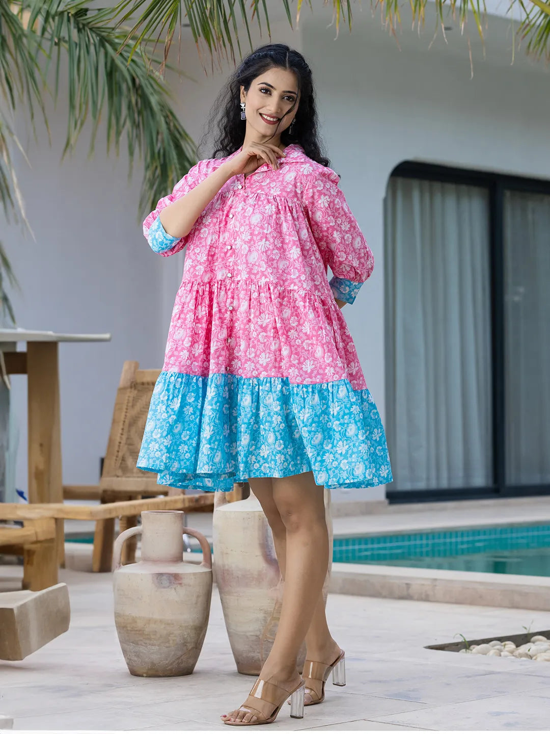 Yufta Pink & Sky Blue Pure Cotton Colour Blocking Dress