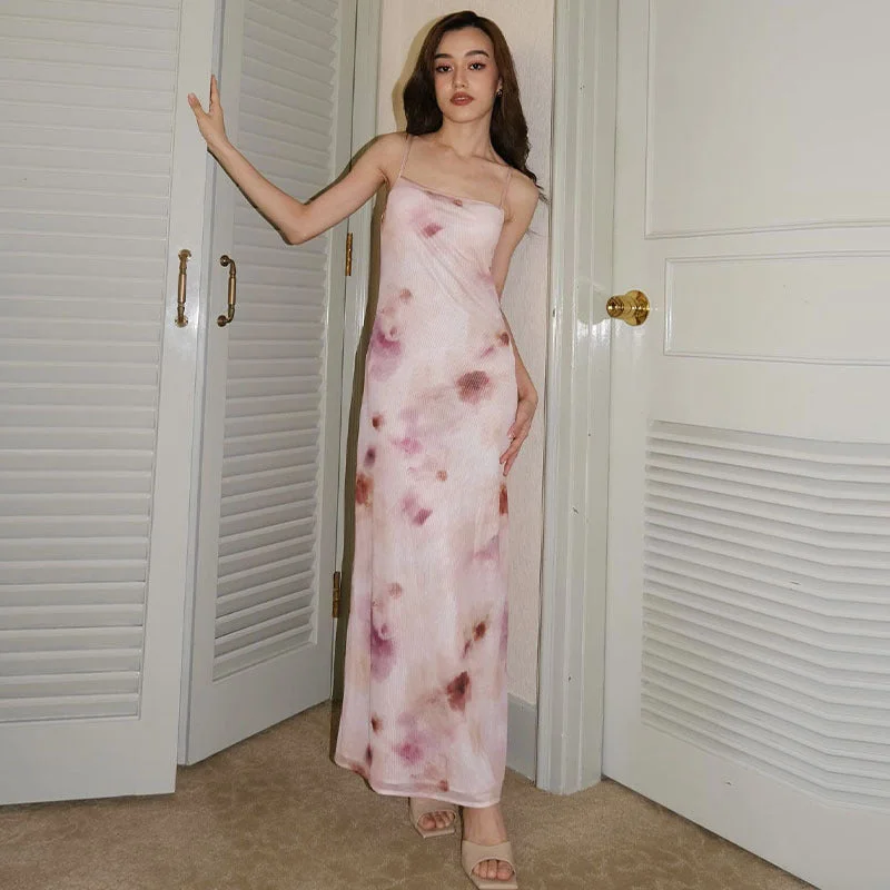 women's clothing summer new French style mature style backless sleeveless slim long printed suspender dress
