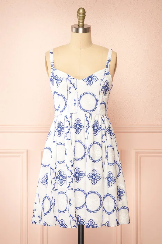 Celena | Short White Dress w/ Blue Embroidery