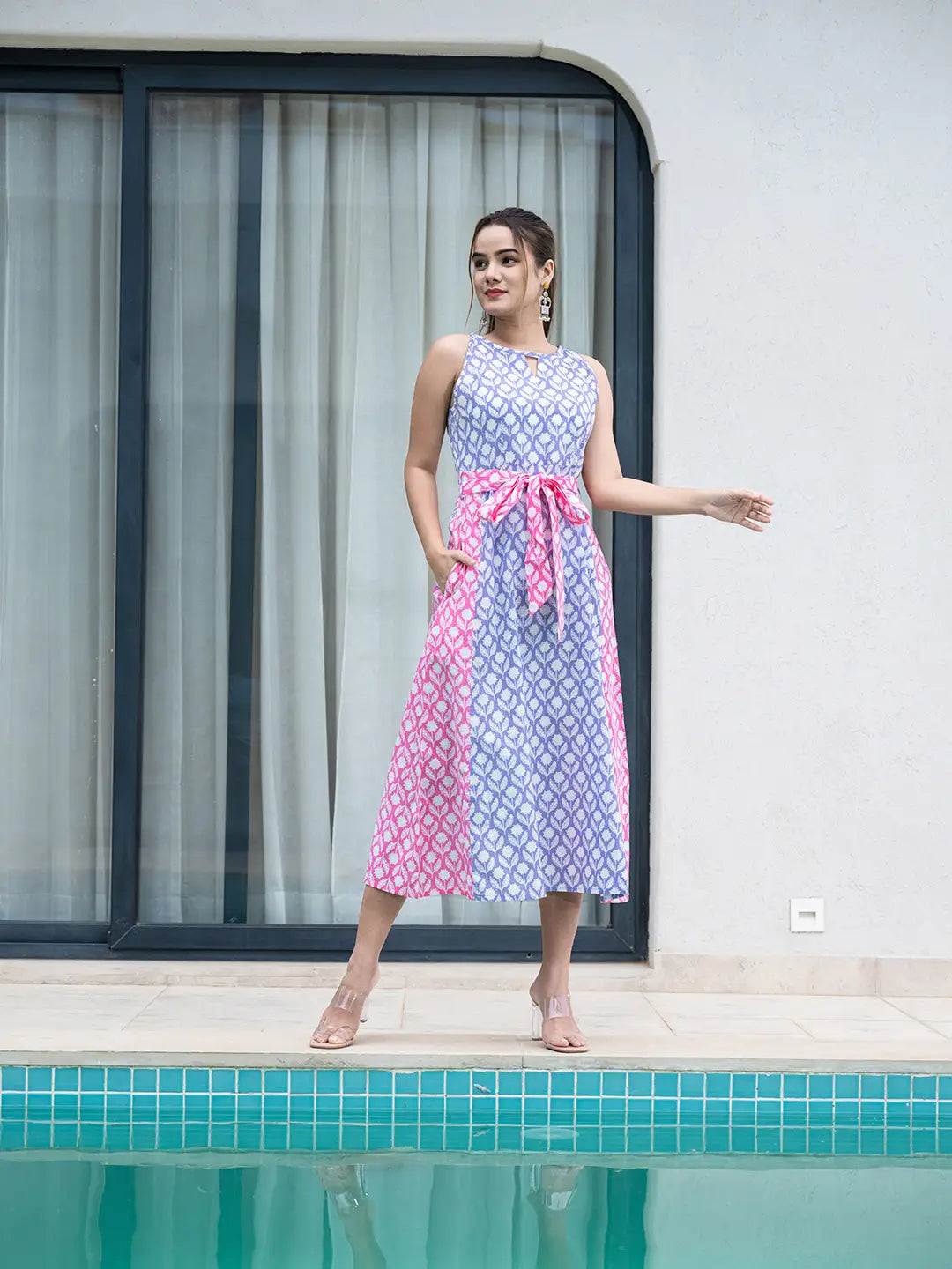 Yufta Purple And Pink Pure Cotton Colour Blocking Dress