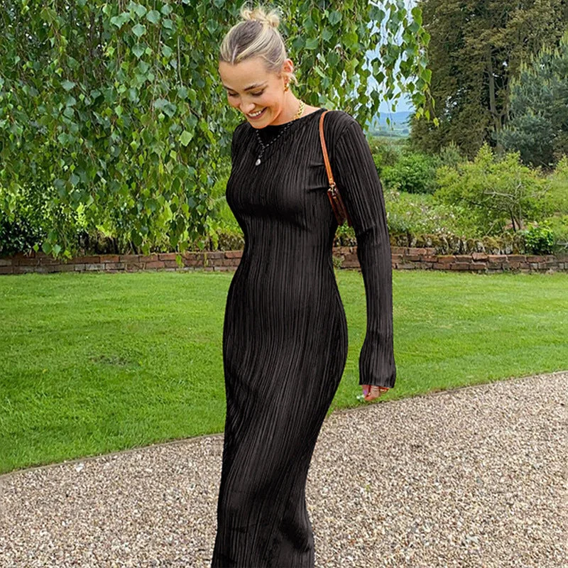 women's clothing new spring and summer fashion temperament elegant high-end pure color round neck design long-sleeved dress
