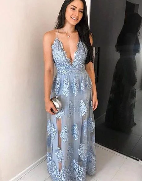 Blue tulle lace long prom dress, blue lace evening dress cg2602
