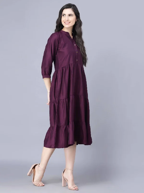 Myshka Silk Solid 3/4 Sleeve V Neck Purple Women Dress