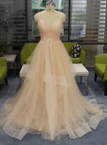 Champagne Tulle Spaghetti Long Open Back Ruffles Prom Dress  cg3610