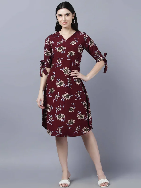 Myshka Women Burgundy Beige Floral Print A-line Dress