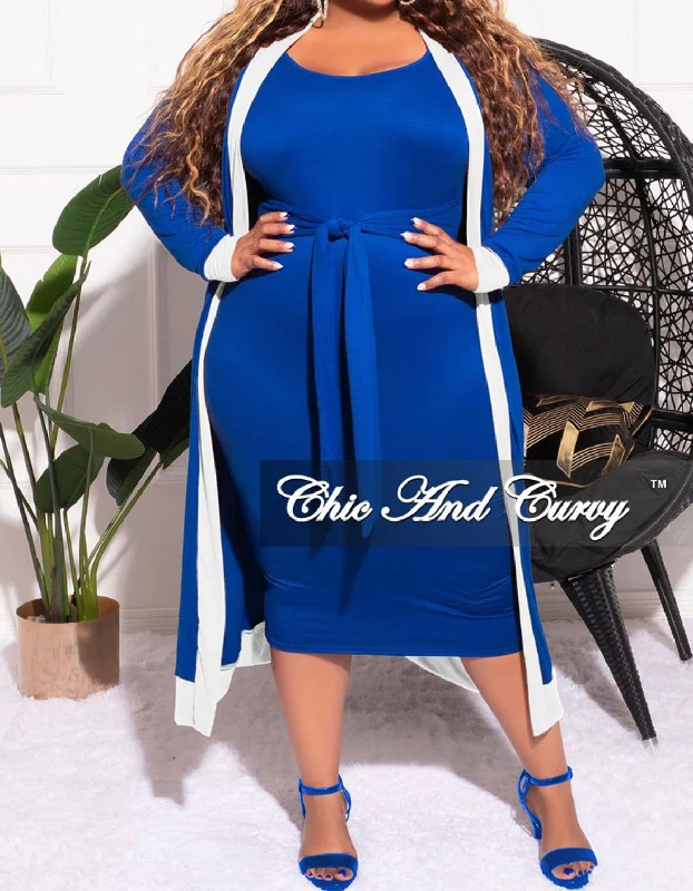 Final Sale Plus Size 2pc Set Duster & Tank Tie Dress in Royal Blue & White