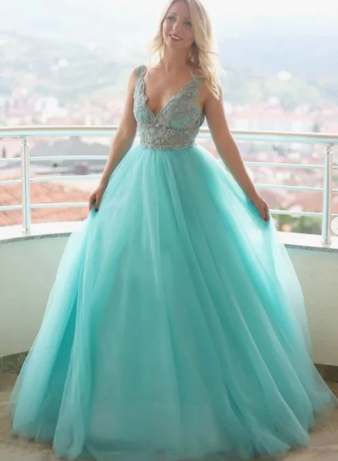 Stylish v neck tulle lace long prom dress, evening dress cg3331