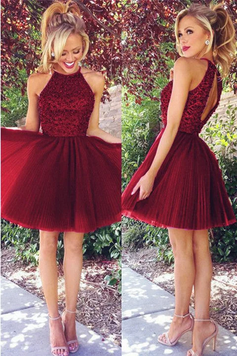 Top Selling Halter Open Back Burgundy Tulle Beaded Short Homecoming Dresses Prom Hoco Dress