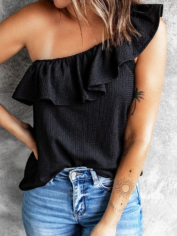 Sultry Black One-Shoulder Ruffle Tank glitter tank top