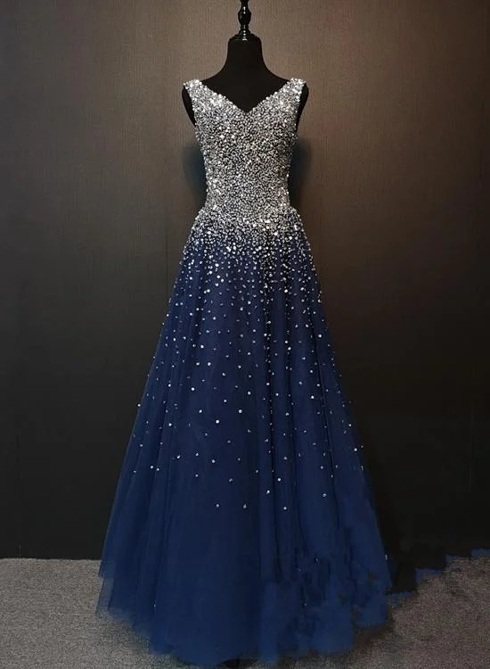Charming Navy Blue Beaded V-Neckline Long Party prom Dress, Sparkle Formal Gown cg3349
