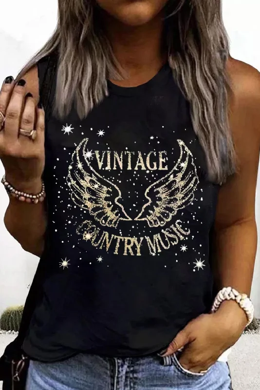 Vintage Black Glitter Country Music Wing Tank Top rhinestone tank top