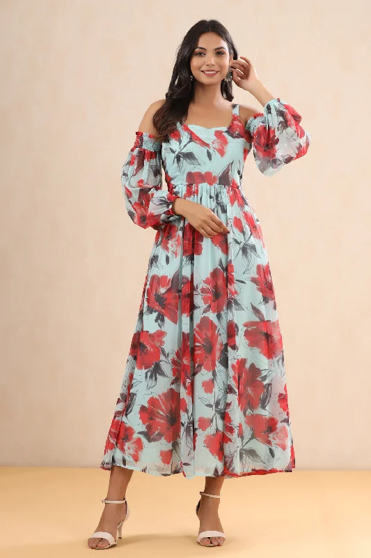 Juniper Women's Mint Chiffon Printed Flared Dress