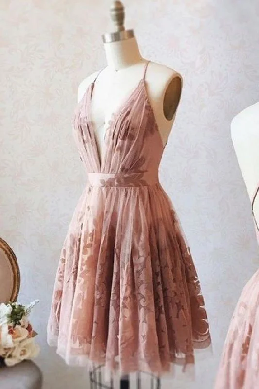 Deep V Neck Backless Spaghetti Straps Lace Short Prom Dress Homecoming Dresses
