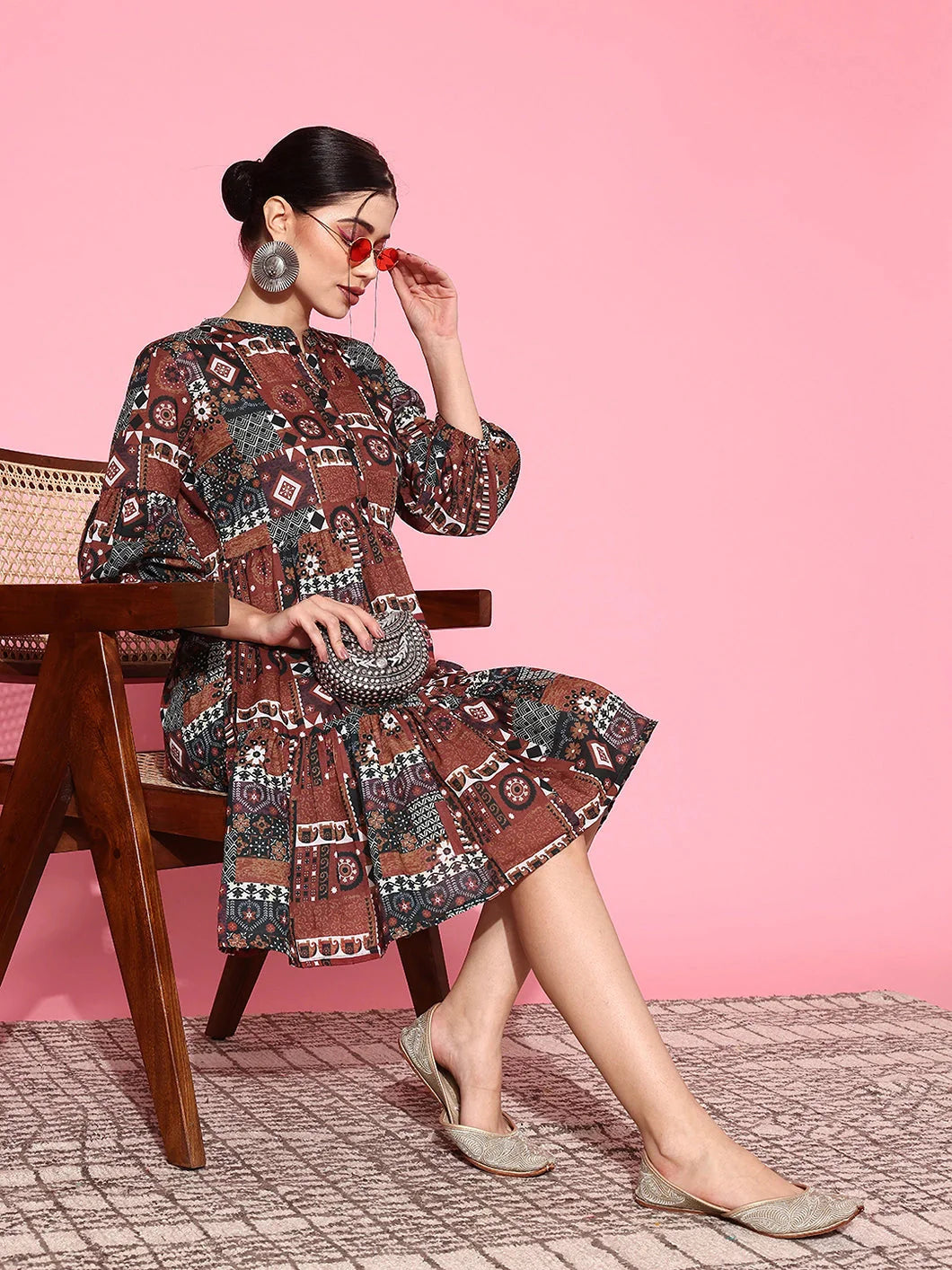 Yufta Ethnic Motifs Print Puff Sleeves Tiered Fit & Flare Pure Cotton Dress