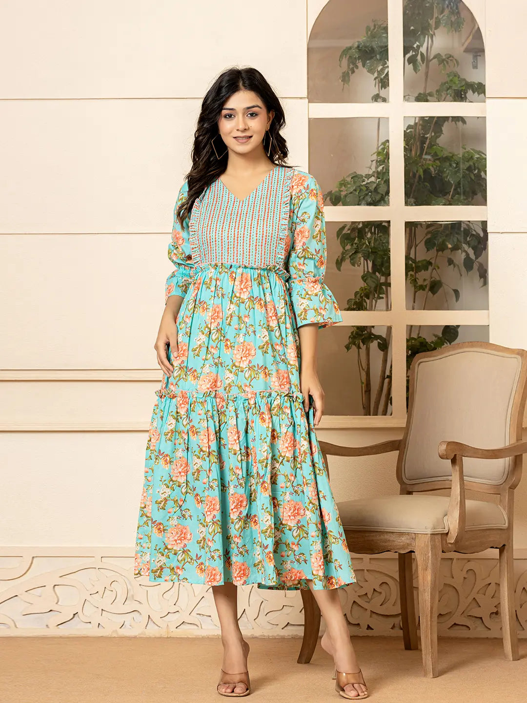 Yufta Teal Green Cotton Floral Print Tiered Dress With Ruffles