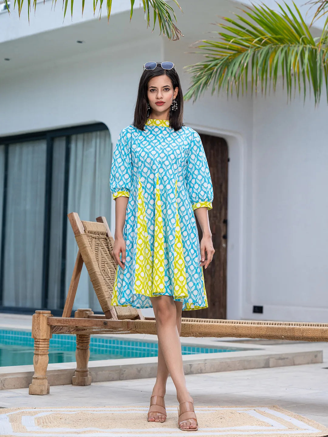 Yufta Sky Blue & Lime Green Pure Cotton Colour blocking Dress