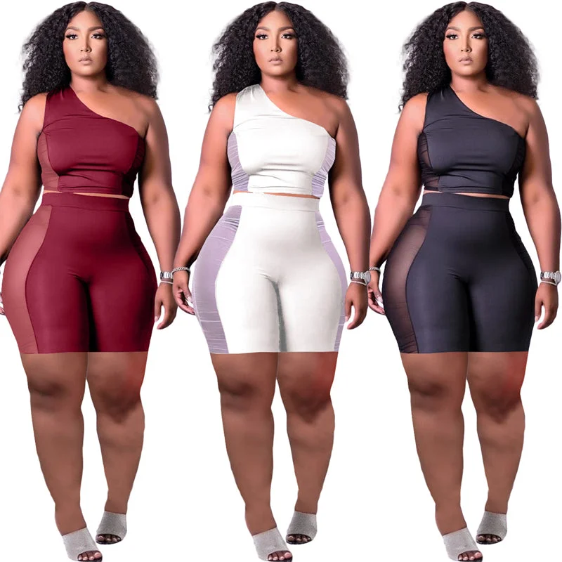 plus size women's trending clothing summer 2023 sleeveless one shoulder crop tank top 2 two piece shorts set women for women activewear tank top