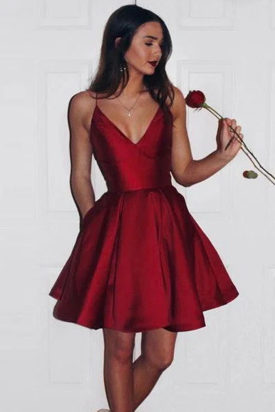 V Neck Elegant Burgundy Spaghetti Straps Short Prom Dresses Homecoming Dress