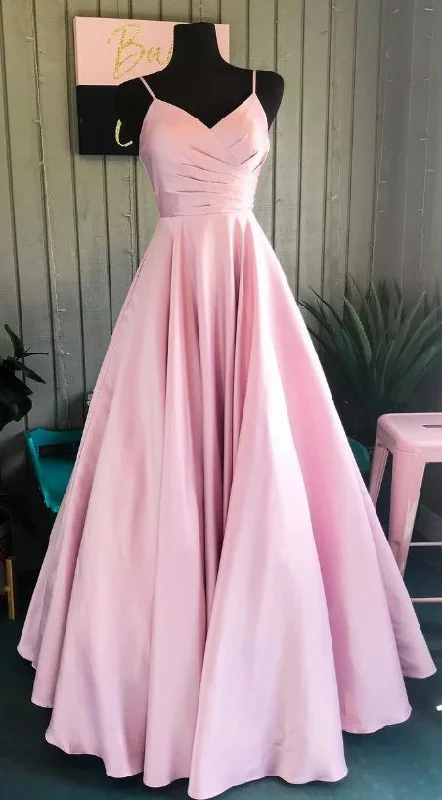 pink satin prom dress with straps, elegant long prom dress 2020 cg3890